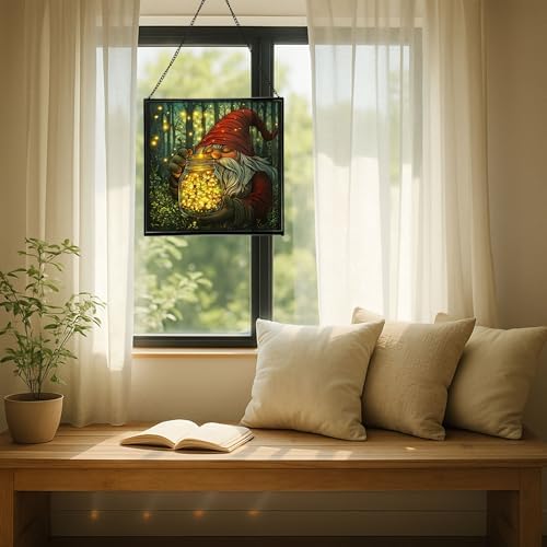 Firefly Jar Gnome Stained Glass Suncatcher – Square Hanging Window Panel for Home or Greenhouse – Whimsical Glass Art Gift for Garden Lovers, Christmas, Halloween, Father Days 4zcs2j - Image 7