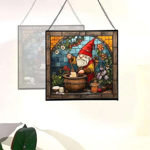 Gnome Making soap Stained Glass Suncatcher – Square Hanging Window Panel for Home, Garden, Nursery, Halloween, Christmas, Memorial Day – Whimsical Glass Art Gift for Gnome Lovers p4t1yu - Image 4