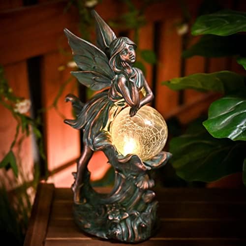 TERESA'S COLLECTIONS Fairy Garden Statue Solar Resin Patina Bronze 12.4" - Image 2