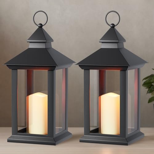 Lanterns Decorative Indoor, 2 Pack Black Decorative Flameless Candle Lanterns with Timer, Vintage 14" Waterproof Hanging Outdoor Lanterns, Battery Operated for Porch, Patio, Wedding Decor by JOHUNT