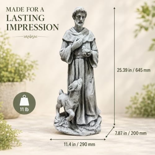 25.39 Inch St Francis Garden Statue With Lamb And Bird, Large Yard Statues - Image 2