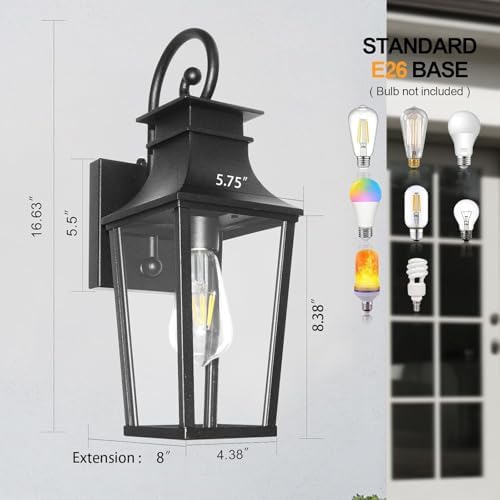 ALVIME Dusk to Dawn Outdoor Wall Lighting, 17 Inch Matte Black Outdoor Sconce Lights, Exterior Light Fixtures for House, Front Door, Porch, Patio, Garage, E26 Base& High Strength Clear Glass - Image 4