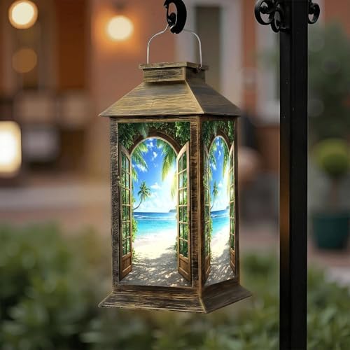Solar Lantern Outdoor Waterproof Window Beach Sunset Ocean Landscape Palm Tree Tropical Coastal Scenery Garden Decor LED Solar Lights Hanging/Tabletop Lamp Gifts for Women Mom for Outside Yard Patio by DERUINVAIO