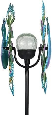 Peacock Solar Wind Spinner, 62Inch Double Wind Sculpture with Color Changing LED Light, Wind Sculptures & Spinners Outdoor Metal Stake Yard Spinners - Image 4
