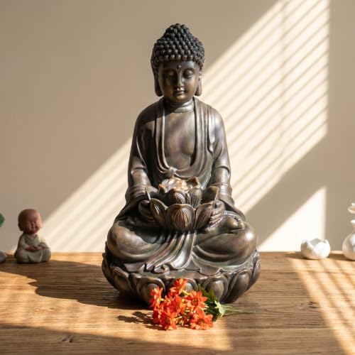 19.7" H Buddha Fountain with Pump & LED Light, 2 Tier Zen Style Meditating Buddha Water Fountain Indoor and Outdoor Buddha Statues for Garden Patio Backyard and Home Decor by Unknown