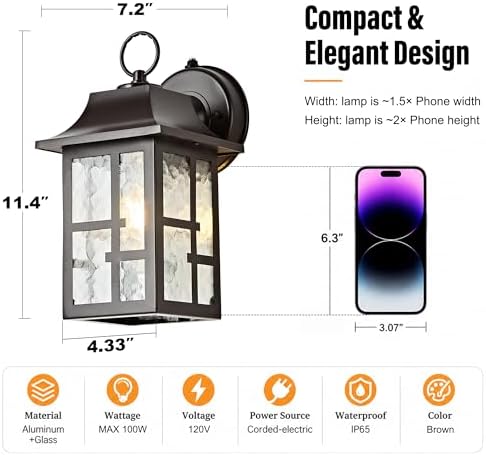 OKELI 2-Pack Dusk to Dawn Exterior Lighting Fixture, Farmhouse Outdoor Wall Lights with Ripple Glass, Aluminum Porch Light Wall Mount, Anti-Rust Outside Wall Sconce for House, Garage(Brown) - Image 3