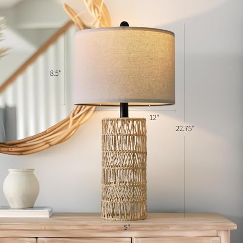 OYEARS 22.5" Boho Table Lamps Set of 2 for Living Room, Bedside Lamp for Nightstands, Rattan Lamp for Bedroom, Farmhouse Table Lamp for Room Decor, End Table, Retro, Brown（Not Include Bulbs） - Image 3