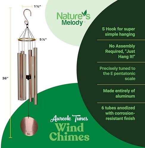 Nature’s Melody Aureole Tunes Wind Chimes – Outdoor Windchime with 6 Tubes Tuned to E Pentatonic Scale, 100% Rustproof Aluminum, Powder Finish & S Hook Hanger for Sympathy, Memorial Gift or Zen Garden - Image 6