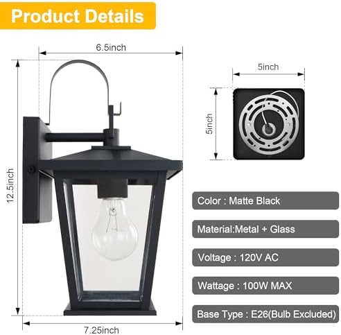 Kalium Outdoor Wall Lantern 2 Pack, Waterproof Exterior Wall Mount Light with Clear Glass in Black Finish, Porch Outside Lighting for Entryway, Backyard, Patio, E26 Base, Clear Glass 12.5 in - Image 4