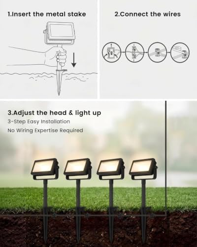 Outdoor LED Spotlight with Metal Spike 33W 3-Level Dimmable Adjustable Die-Cast Aluminum Landscape Lighting, Wet Location ETL UL CSA Qualified Safe for Garden, Yard & Tree Illumination - Image 7