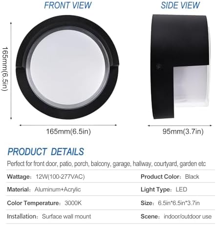 Outdoor Wall Light Black Modern Round LED Wall Sconce Waterproof 120V 12W 3000K Warmlight 6 Inch Exterior Lighting Fixtures for Porch Patio Balcony Entryway Yard - Image 4