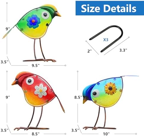 Bird Garden Decor Set of 3 Metal Glass Outdoor Yard Art Patio Lawn Decor - Image 5