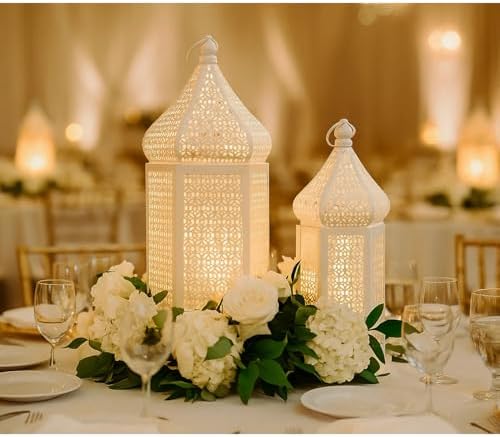 VELA LANTERNS Large Temple Tower Moroccan Lantern Lamp Decorative Candle Holders for Ramadan Decorations, Hanging, Outdoor Patio or Porch, Indoor Home Decor, Weddings, White, Set of 2 - Image 2