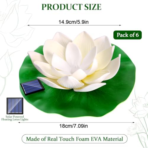 6 PCS Floating Lotus Flower Solar Pool Lights with Lily Pads - 7.09'' Large Realistic Floating Foam Lotus Flowers Solar Lily Lights for Pond Fountain Garden Wedding Pool Party Decor - Image 3