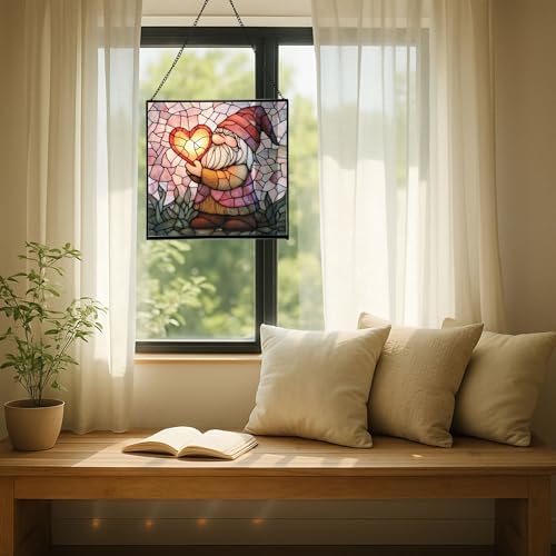 Valentine Gnome Hug Stained Glass Suncatcher – Square Hanging Window Panel for Home or Greenhouse – Whimsical Glass Art Gift for Garden Lovers, Christmas, Halloween, Father Days nULTXb - Image 7