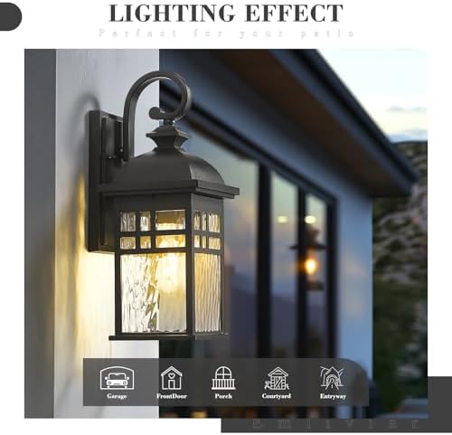 Emliviar Outdoor Light Fixture Wall Mount, Exterior Wall Sconce for Front Porch, Black Finish with Water Ripple Glass, DE279B BK-WP - Image 3