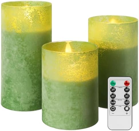 Flameless Candles Set of 3 Green LED Pillar Candles with Remote Timer by LetHOURlivenupyourroom