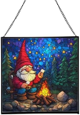 Camping Gnome Delight Stained Glass Suncatcher – Square Hanging Window Panel for Home or Greenhouse – Whimsical Glass Art Gift for Garden Lovers, Christmas, Halloween, Father Days vBfqWL by Custom