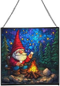 Camping Gnome Delight Stained Glass Suncatcher – Square Hanging Window Panel for Home or Greenhouse – Whimsical Glass Art Gift for Garden Lovers, Christmas, Halloween, Father Days vBfqWL by Custom