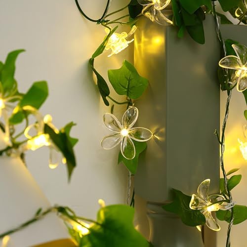 Artificial Flower Vine String Lights With Green Leaves Decor|Led Copper Wire Fairy Lights|Romantic Artificial Plants Ambiance Lamps For Party Christmas Bedroom,A-Warm White,10m(32.8ft)-100LED-Battery - Image 3