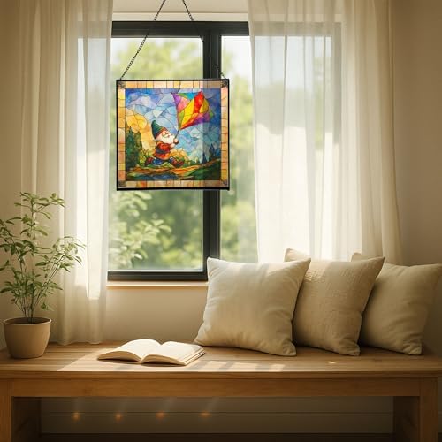 Gnome with Kite Flight Stained Glass Suncatcher – Square Hanging Window Panel for Home or Greenhouse – Whimsical Glass Art Gift for Garden Lovers, Christmas, Halloween, Father Days uL8KsZ - Image 7