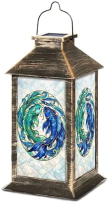 Solar Lantern Elegant Stained Glass Koi Fish Flowing Tails Turquoise Blue Outdoor Waterproof Hanging Solar Light Outside Lights for Patio Yard House Lawn Decor Birthday Gifts for Women Mom by Unknown
