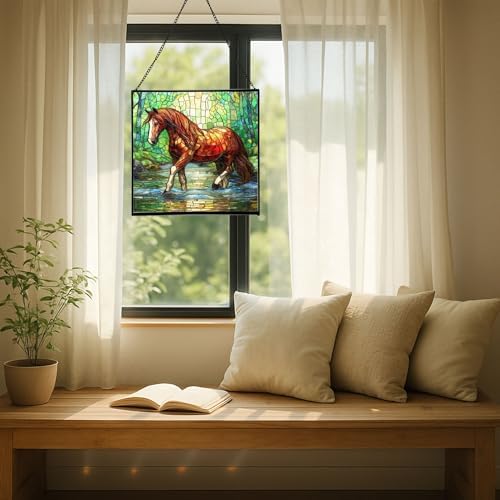 Chestnut Tennessee Walking Horse Stepping Through Shallow Creek Square Suncatcher – Stained Glass Style Window Panel with Scene, Custom Decorative Hanging Art for Equestrian Home, Christmas 9N2Zu1 - Image 7