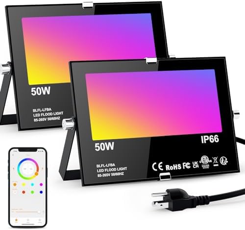 LED Flood Light Outdoor 500W Equivalent 5000 LM,Smart RGB Color Changing Floodlight with APP Control, Warm White 2700K&16 Million Colors, DIY Scene,Timing,Music Sync, IP66 Waterproof,US Plug（2 Pack） by ChangM