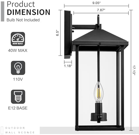 Darkaway Outdoor Wall Lights for House, 17 Inch Tall Exterior Lighting Fixtures Wall Mount Outdoor Porch Lights Outside Sconce Lights with Clear Glass for Patio Hallway Garage E12 Socket - Image 2