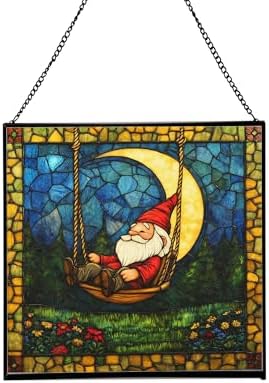 Moon Swinging Gnome Stained Glass Suncatcher – Square Hanging Window Panel for Home or Greenhouse – Whimsical Glass Art Gift for Garden Lovers, Christmas, Halloween, Father Days npNIdd by Custom