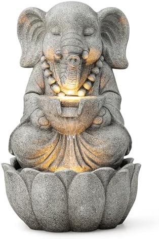 Glitzhome Outdoor Fountains and Waterfalls Zen-Style Concrete Resin Elephant Water Fountains with LED & Pump, Garden Patio Water Fountain Yard Fountain 2 Tier Floor Waterfall for Backyard Lawn 22" H by Glitzhome
