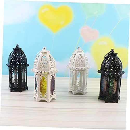 Xmas Iron Candle Lantern 2pcs Black Glass Hanging Moroccan Decor - Image 2