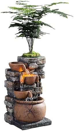 Indoor Fountain 4-Bowl Rockery Soothing Sound Tabletop Fountains Home/Office Decor with a Small Plastic Pot to Grow The Plant by Yourself(Automatic Watering)(23001) by Haobos