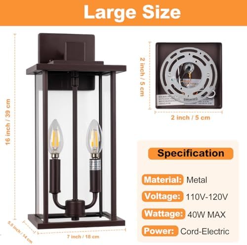 16 Inch 2-Light Brushed Bronze 2 Pack Large Outdoor Wall Sconce - Image 2