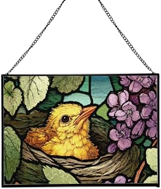 Chick Emerging from Nest in Spring Rectangular Stained Glass Suncatcher – Hanging Window Panel with Animal & Nature Scene – Vibrant Glass Art Gift for Wildlife, Fantasy, Nature Lovers vvIbID by Custom
