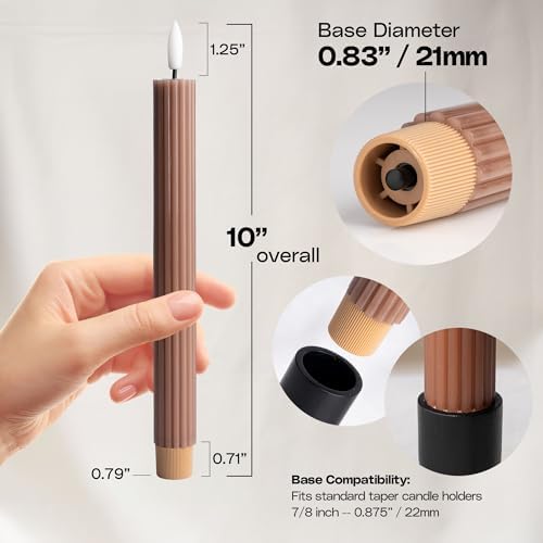 12 Pack, 10" LED Flameless Brown Tan Fluted Ribbed Grooved Taper Candles w/ 2 Remotes & 24h Timer Memory, On/Off Button, Dimmable, Flicker Mode, Battery Operated, Christmas Menorah Wedding - Image 4