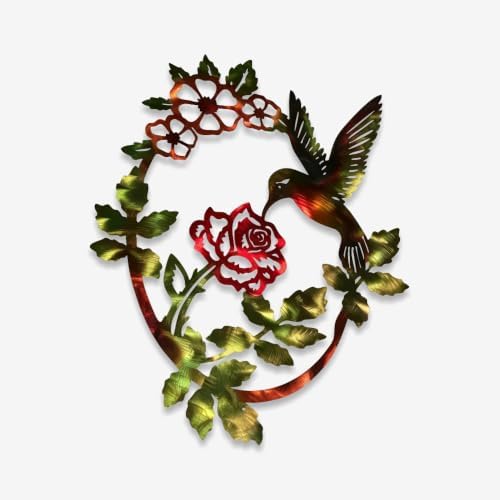 Hummingbird and Rose Metal Wall Art Floral Plaque Rustic Garden Decor for Living Room Porch Indoor Outdoor Hanging Ornament (24 Inch) by XRRESAMETALDECOR