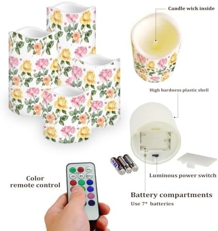 Yellow Pink Rose Flickering Flameless Candles Pillar LED Candles with Remote and Timer Set of 4 Color Changing Battery Operated Candles for Valentines Home Wedding Birthday Decoration - Image 3