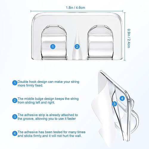 Hetyue Hooks for Outdoor String Lights Clips: 66Pcs Heavy Duty Light Hook with Waterproof Adhesive Strips - Outside Clear Cord Holders for Hanging Christmas Lighting - Outdoors Sticky Clip - Image 3