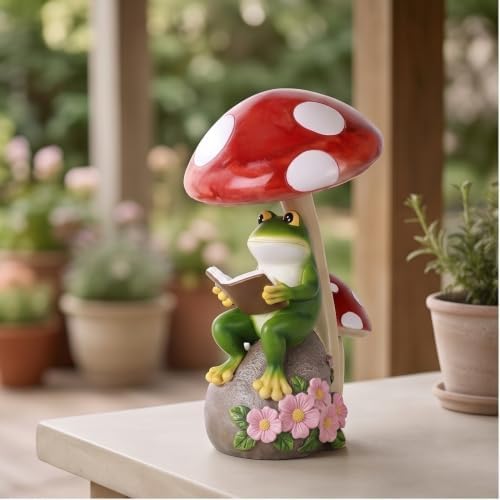WUBIANJIE Frog Mushroom Garden Statue Lighted Resin Outdoor Decor Hand Painted Reading Frog Figurine Under Toadstool with Rock Base for Yard Lawn Patio Porch Flower Bed Accent - Image 2