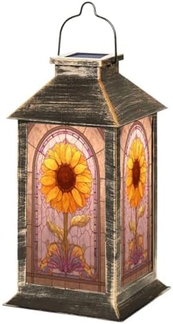 Stained Glass Style Solar Lantern Outdoor Garden Hanging Lantern Vintage Floral Stained Glass Window Design Yellow Orange Waterproof Solar Powered Lighting Outside Table Lamp for Patio Deck Yard by Unknown