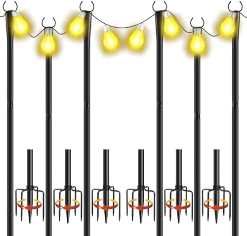 6 Pack 10Ft String Light Poles, Metal Poles with Fork for Outside Lights,Outdoor Metal Light Stand with Fence Brackets Hanging Lights for Garden Patio Wedding Backyard Deck Party by CYMUBER