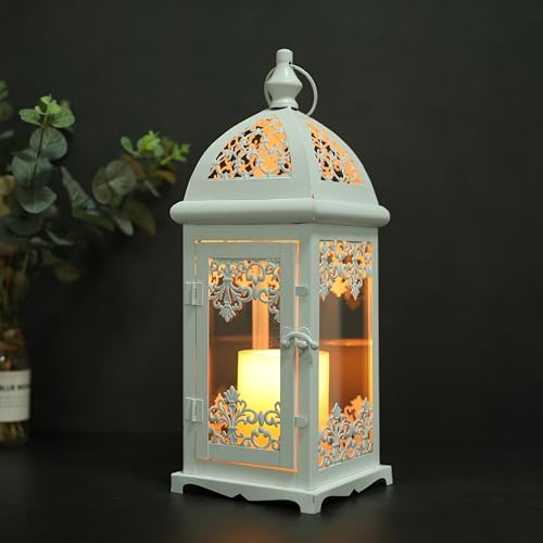 JHY DESIGN Filigree Decorative Candle Lantern 15''High Metal Candle Lanterns Vintage Style Hanging Lantern Decorations with Glass for Indoor Outdoor Events Parities Weddings (White) - Image 2