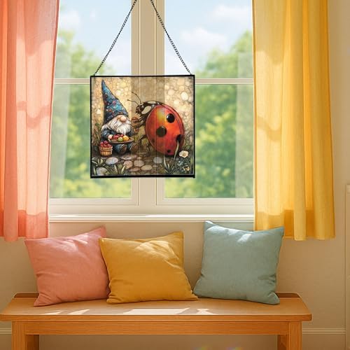 Lady.Bug Picnic Gnome Stained Glass Suncatcher – Square Hanging Window Panel for Home or Greenhouse – Whimsical Glass Art Gift for Garden Lovers, Christmas, Halloween, Father Days Duy7w9 - Image 5