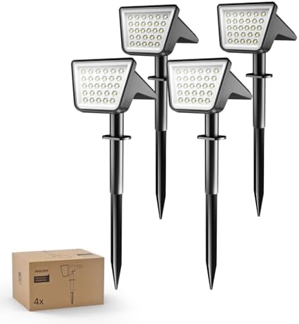 Philips 4 Packs Solar Spot Lights Outdoor Waterproof, 28 LED 7500K Solar Powered Landscape Pathway Lights, Dusk to Dawn Solar Spotlights for Garden, Yard, Lawn, Walkway, Driveway by PhilipsLightingLED