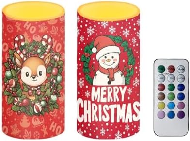 Flameless Candles with Remote Christmas Candles with Timers Battery Operated Flameless LED Lights for Home Party Banquet Decoration, Snowman Deer Snowflake Print by Merkmak
