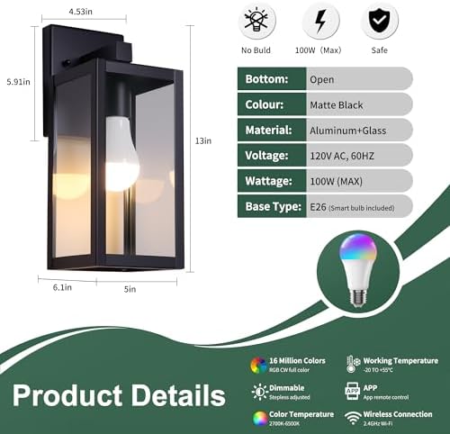 Outdoor Wall Light with Smart Bulb Exterior Lighting Fixtures Waterproof Porch Lights Outdoor Anti-Rust Wall Lantern with Clear Glass Outside Lights for House -2 Pack - Image 2