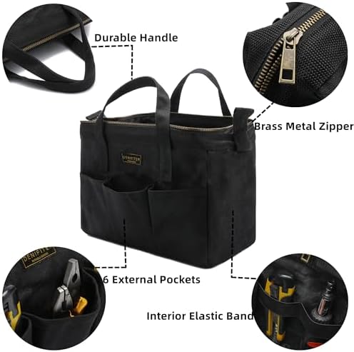 Tool Bag with Zipper, Heavy Duty 16oz Waxed Canvas Wide Mouth Tool Tote Bag, 13-inch Muti-Purpose Storage Tool Pouch with Side Pockets - Image 3