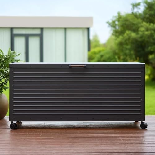 MIRADOR 205 Gallon Outdoor Storage Box with Wheels & Soft-Close Lid, Waterproof Metal Deck Box for Patio Cushions, Garden Tools & Pool Accessories, Charcoal by Mirador