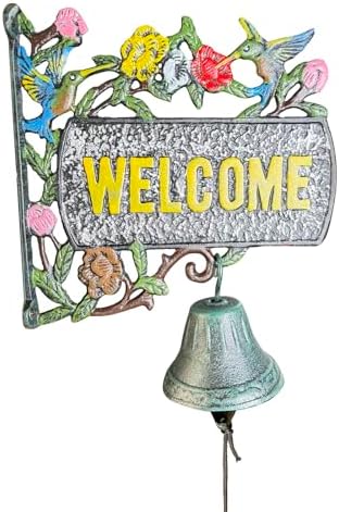 Vintage Cast Iron Welcome Sign with Functional Doorbell (13.5x11 inches) - Decorative Outdoor Wall Hanging with Hand-Painted Birds and Flowers HC7466 by Unknown